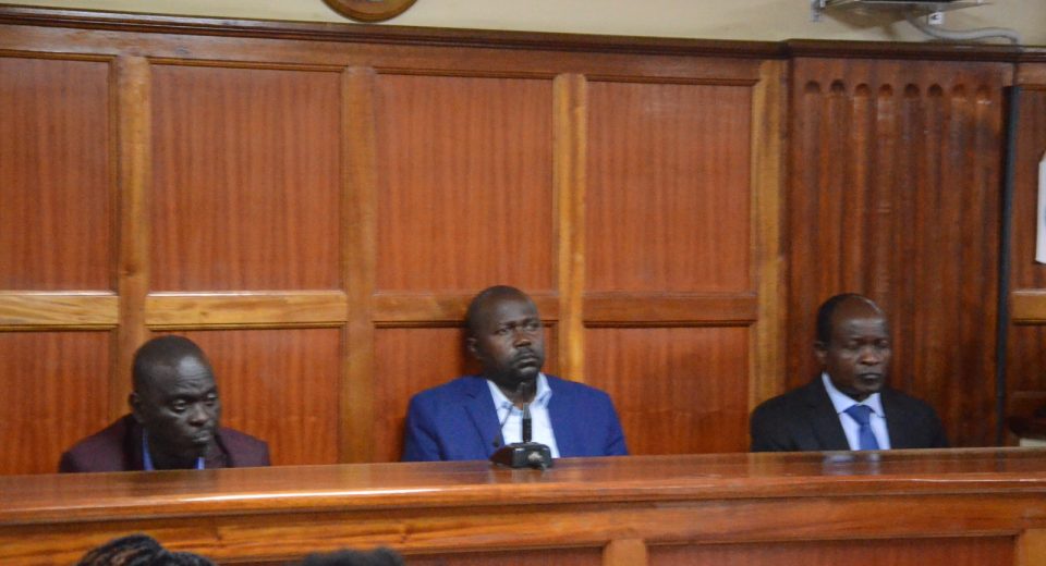 Former Migori Governor Okoth Obado, Michael Oyamo and Casper Obiero following proceedings in court