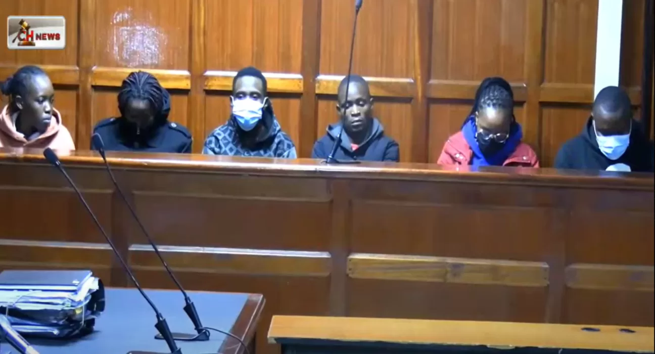 Photo of Patrick Kimuyu Kanya, Faith Chepkirui Bil, Steven Okinyi Ojwang, Justine Baraka, Pauline Wanjiru and Naida Mbevu, in court