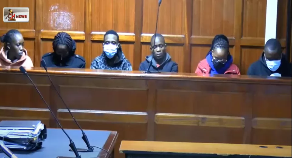Photo of Patrick Kimuyu Kanya, Faith Chepkirui Bil, Steven Okinyi Ojwang, Justine Baraka, Pauline Wanjiru and Naida Mbevu, in court