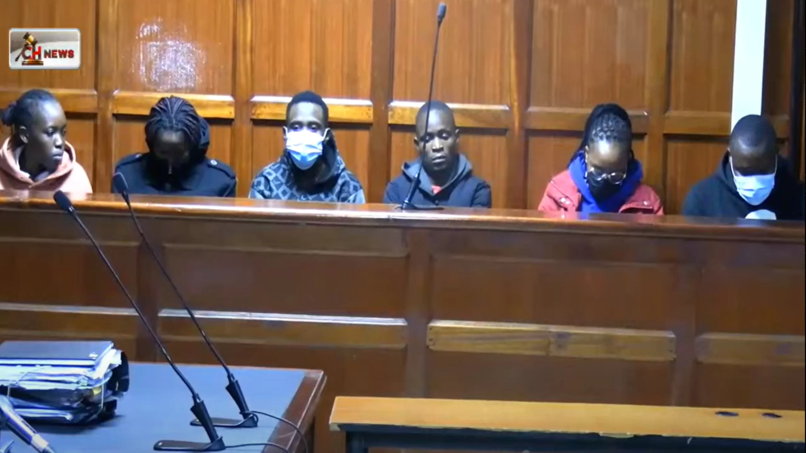 Photo of Patrick Kimuyu Kanya, Faith Chepkirui Bil, Steven Okinyi Ojwang, Justine Baraka, Pauline Wanjiru and Naida Mbevu, in court